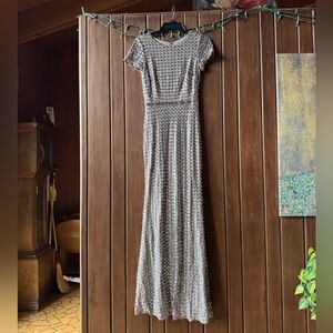 Betsy & Adam Shimmering Silver Formal Gown